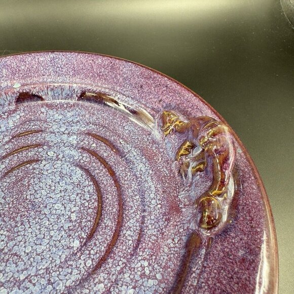 Hand Made Vintage Pottery Dish Tray With Handles Purple Drip Glaze Artist Signed - Picture 13 of 15